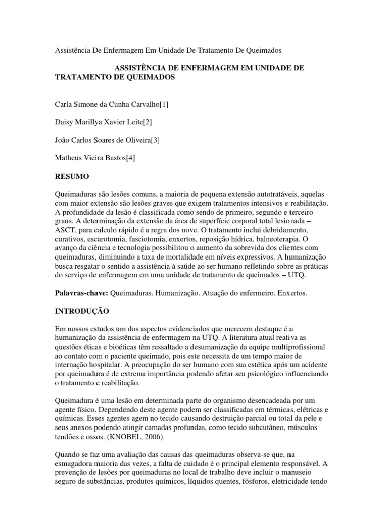 Assistência de Enfermagem em Unidade de Tratamento de Queimados | PDF ...