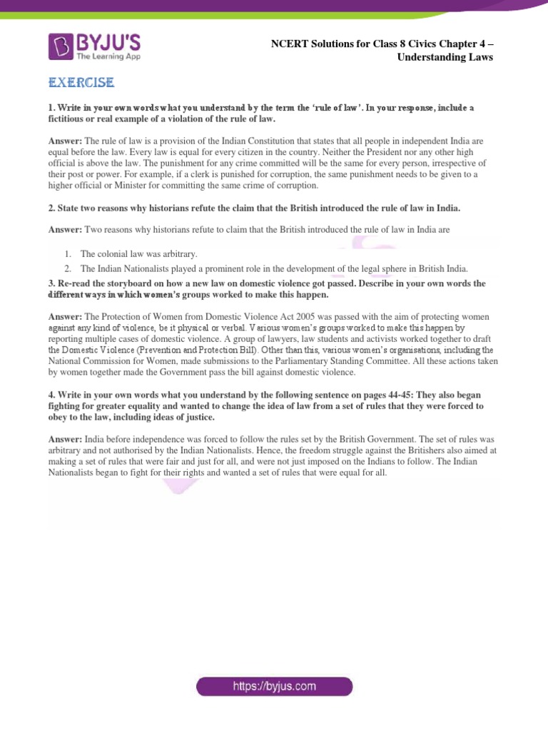 NCERT Solutions For Class 8 Civics Chapter 4 Understanding Laws | PDF ...