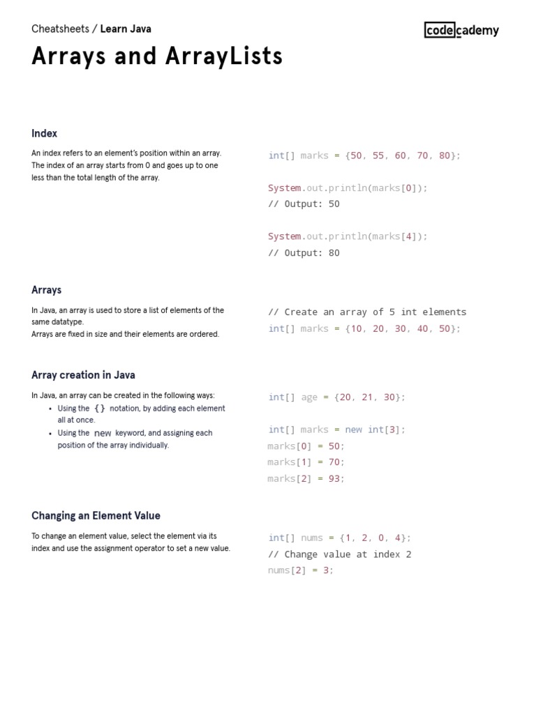 Learn Java - Arrays and ArrayLists Cheatsheet - Codecademy | PDF ...