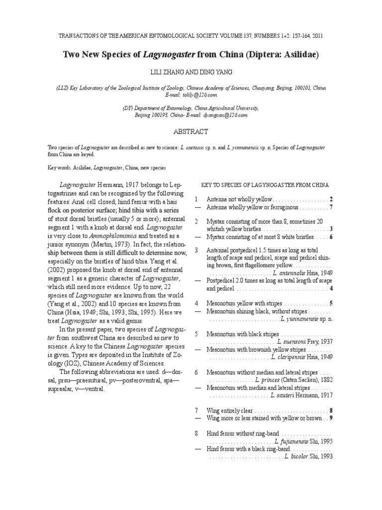Zhang Yang 2011 Two new Lagynogaster from China PDF Arthropods
