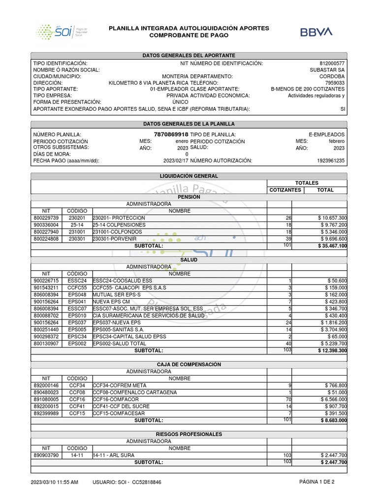 Ejemplo De Planilla De Pago Seguridad Social Soi