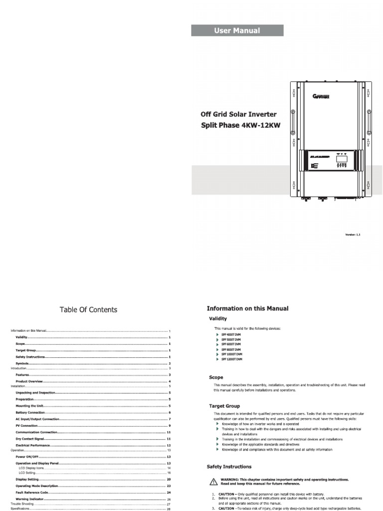Growatt SPF 6000T DVM Manual | PDF | Mains Electricity | Power Inverter