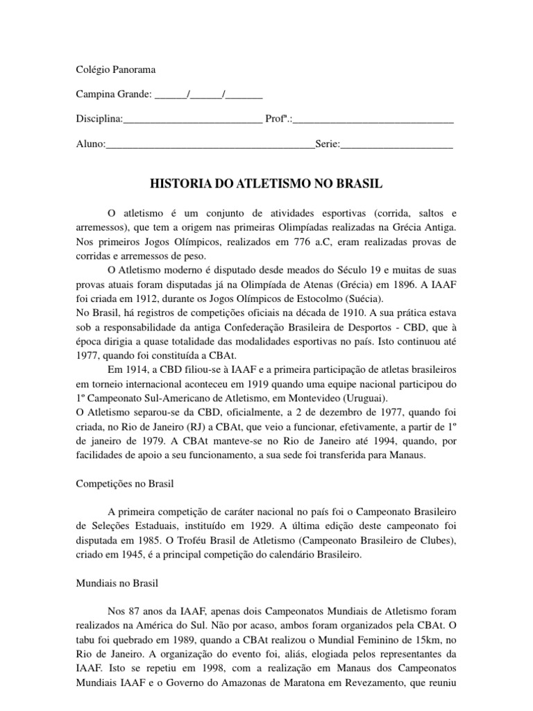 História do Atletismo no Brasil | PDF | Atletismo (esporte) | Esportes ...