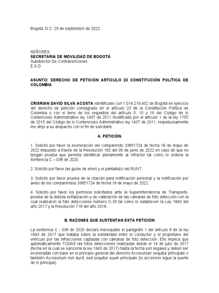 Petición Fotomultas C-038 - 20 | PDF | Debido al proceso | Multa (pena)