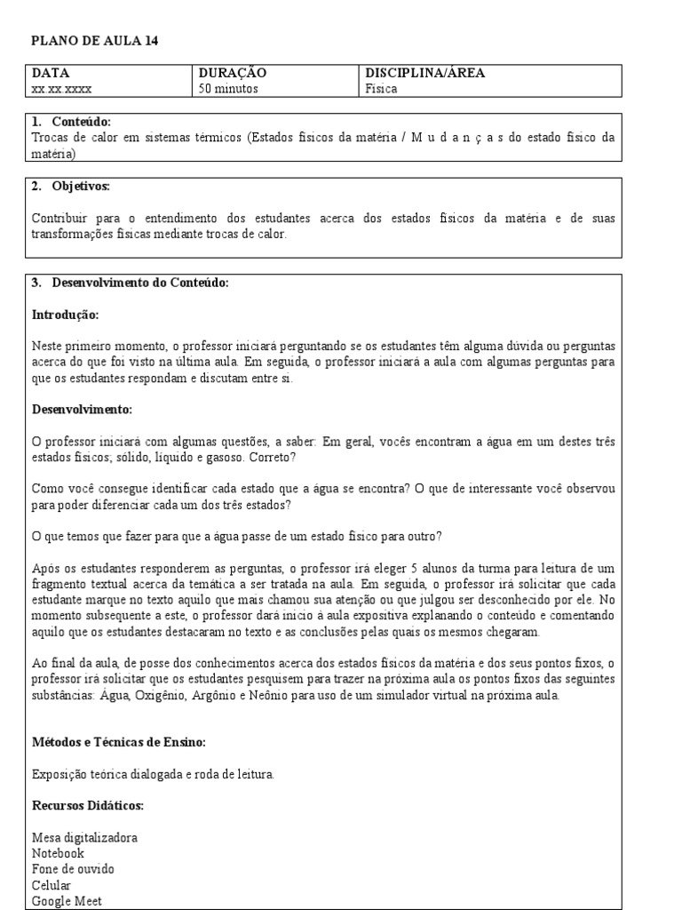 Plano de Aula (Aula 14) - Ensino Remoto | PDF | Física | Calor