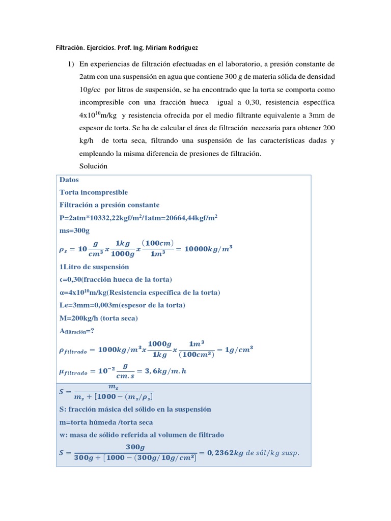 Unidad VI. Filtración. Ejercicios | PDF | Filtración | Masa