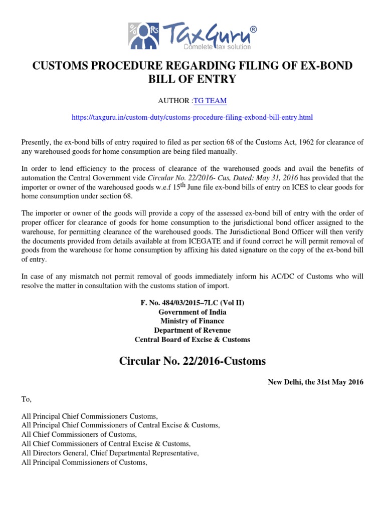 Customs Procedure regarding filing of ex-bond bill of entry- taxguru.in ...