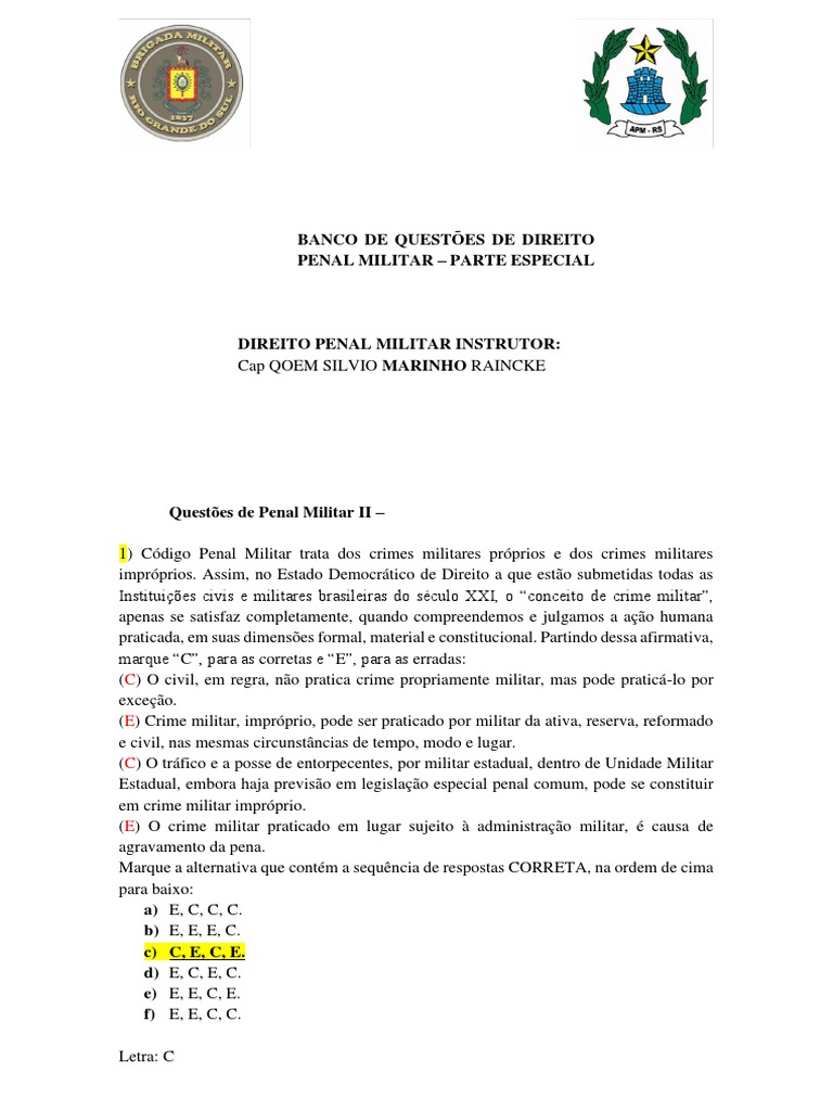 Questões de Direito Penal Militar | PDF | Crimes | Crime e Violência