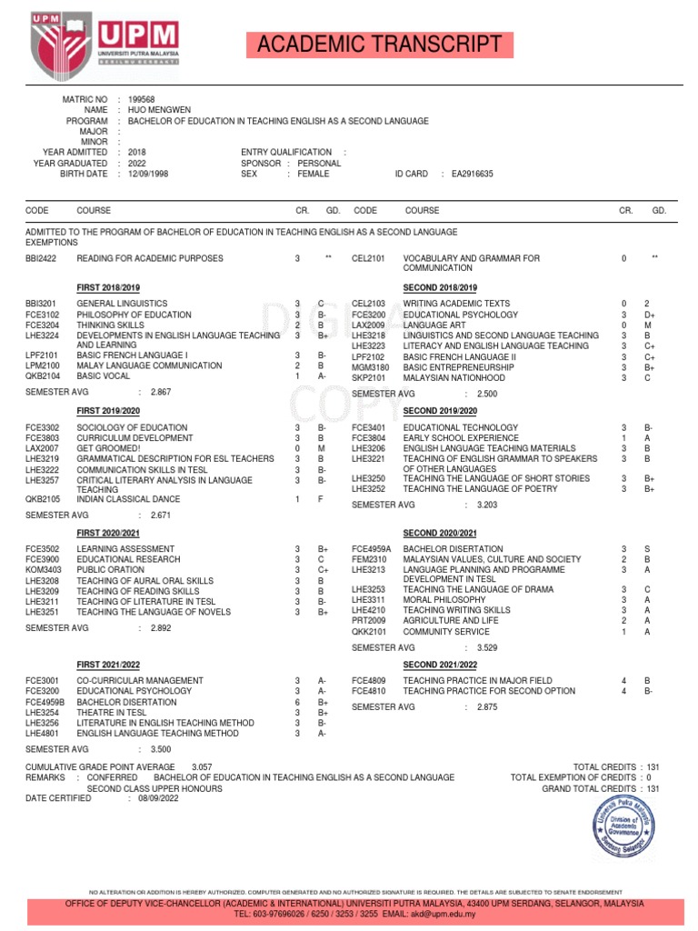 Academic Transcript | PDF | Language Education | English As A Second Or ...
