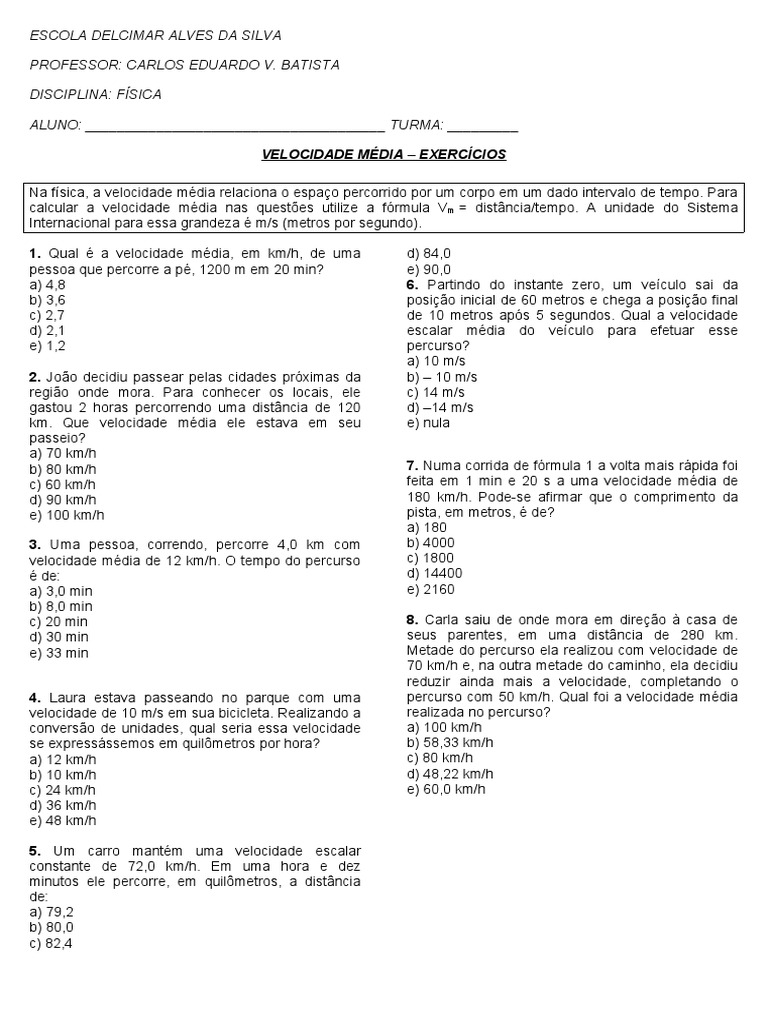 Física - Velocidade Média - 1º Ano | PDF | Velocidade | Metro