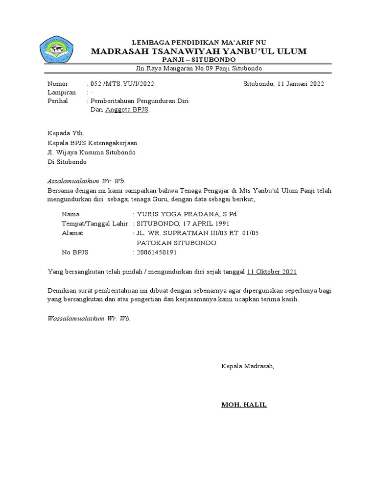 Surat Pemberitahuan Pengunduran Diri | PDF