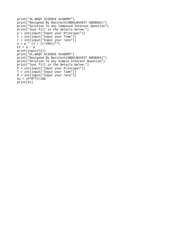 Code For Compound&Simple Interest in PYTHON | PDF