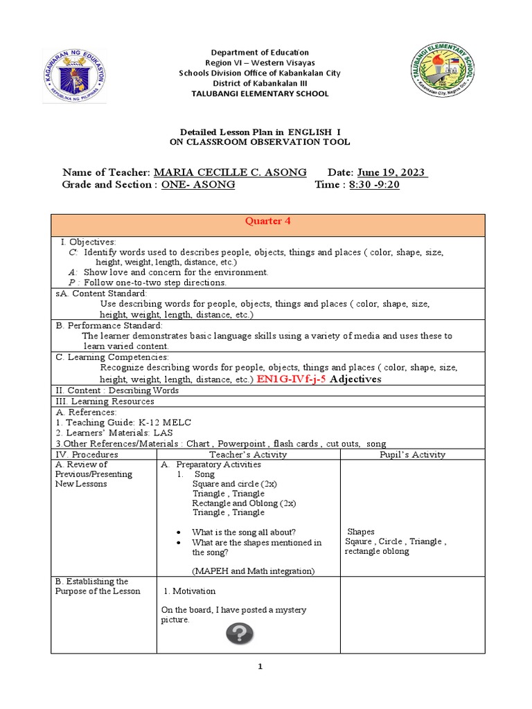 Cot English Describing Words Q4 PDF Rectangle Teachers
