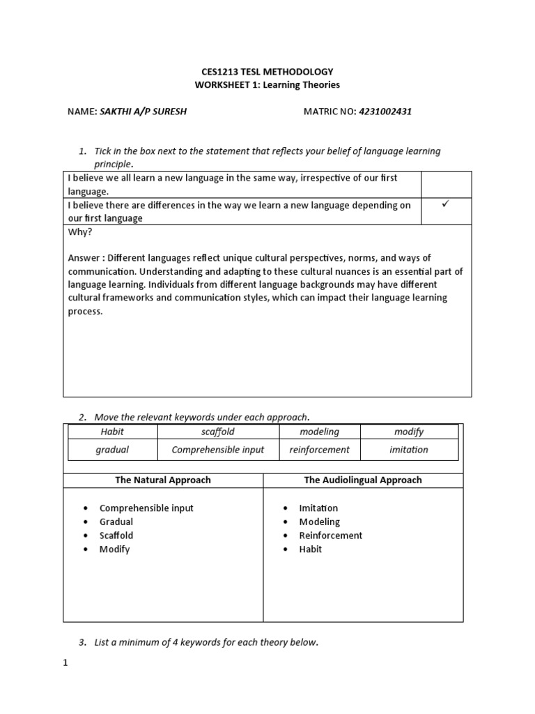 TESL Methodology: Learning Theories Worksheet | PDF | Learning Theory ...