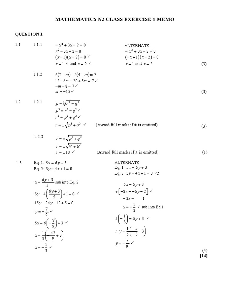N2 Mathematics Class Exercise Solutions | PDF