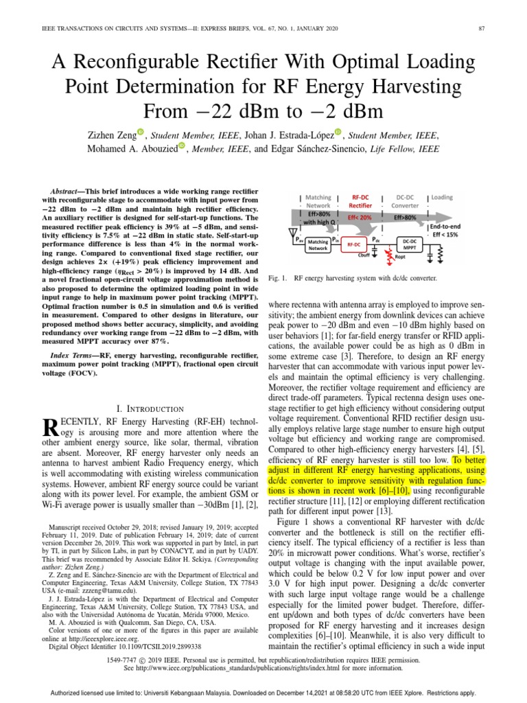 Optimized RF Energy Harvesting Rectifier | PDF | Rectifier | Energy ...