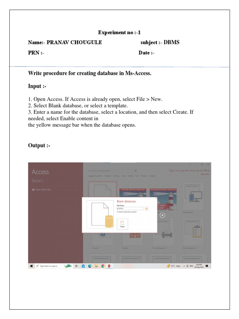 Dbms ex 1 pranav pdf databases microsoft access