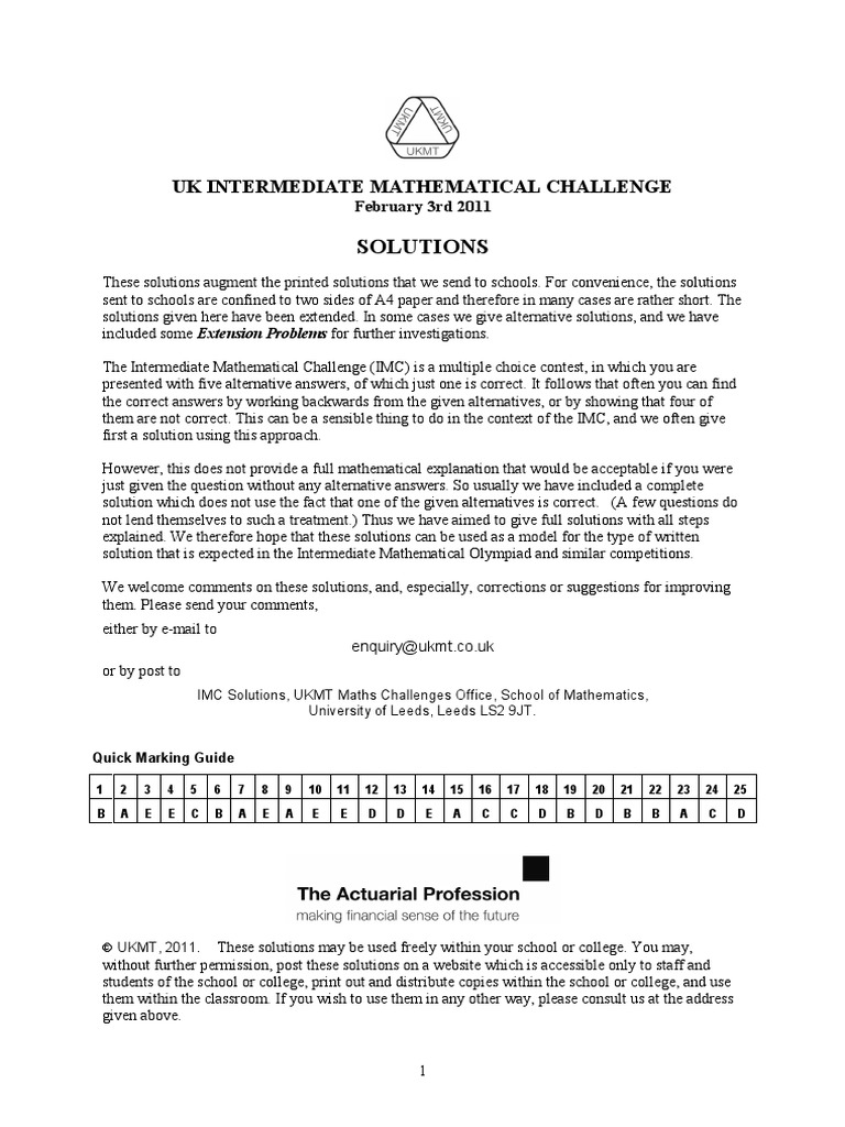 UK Intermediate Mathematical Challenge Solutions | PDF | Triangle | Area