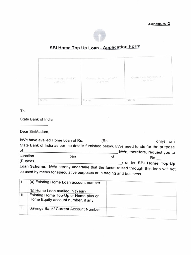 Sbi Home Top Up Form PDF Loans Banks