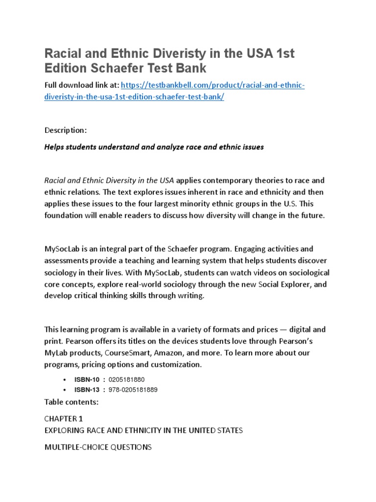 Racial and Ethnic Diveristy in The Usa 1st Edition Schaefer Test Bank ...