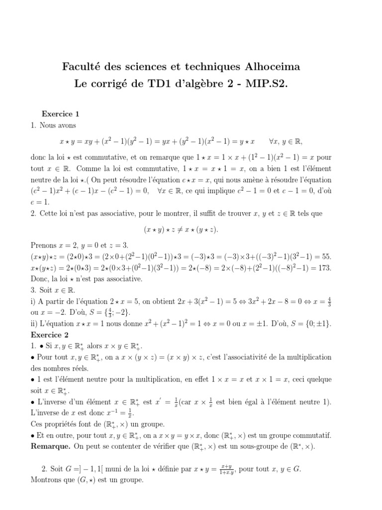 Corrigé TD1 Algèbre 2 - MIP.S2 | PDF | Groupe (Mathématiques ...