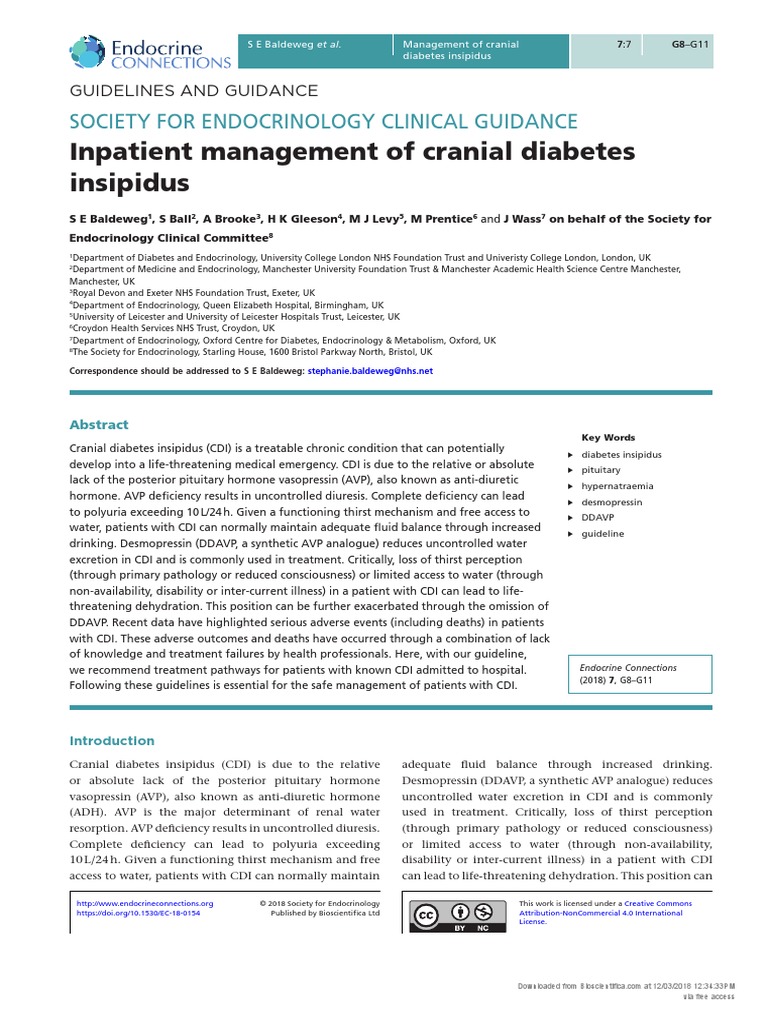 Guidelines For The Inpatient Management of Cranial Diabetes Insipidus PDF Intravenous