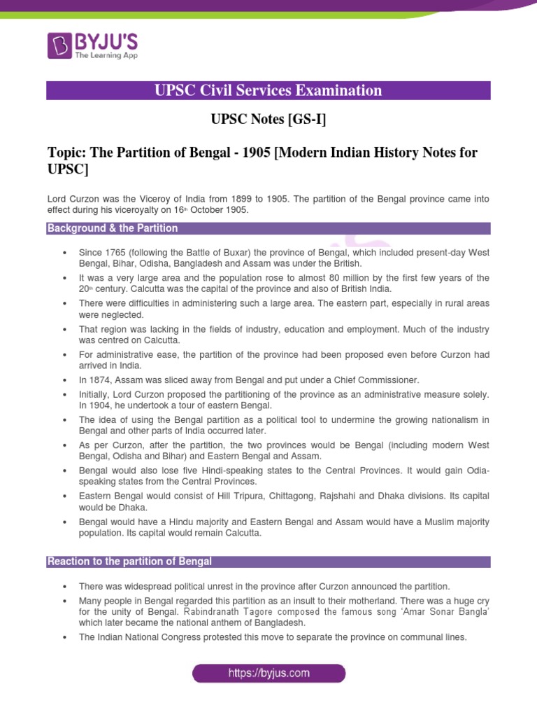 UPSC: Bengal Partition 1905 | PDF | Partition Of India | Bengal