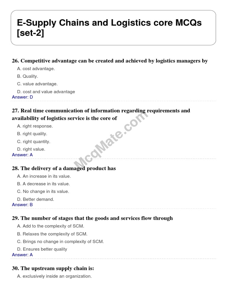 ESupply Chains and Logistics Core Solved MCQs (Set2) PDF Supply