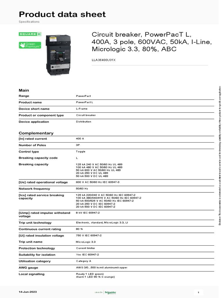 PowerPact LFrame Moulded Case Circuit Breakers LLA36400U31X PDF