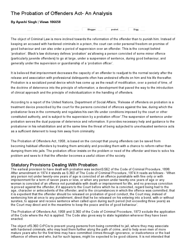 The Probation Of Offenders Act An Analysis Pdf Probation Crime