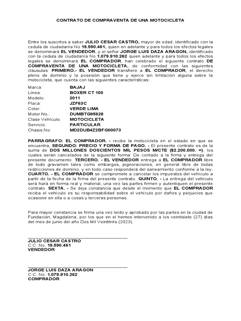 Contrato de Compraventa Motocicleta 2011 | PDF | Finanzas y dinero