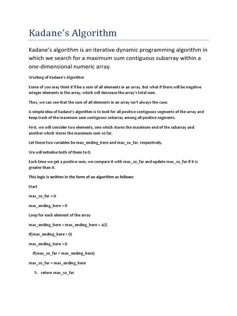 Kadane's Algorithm | PDF | Computers