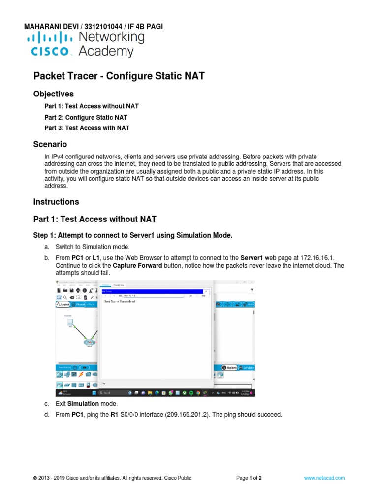 Configure Static NAT in Packet Tracer | PDF | Ip Address | Cyberspace