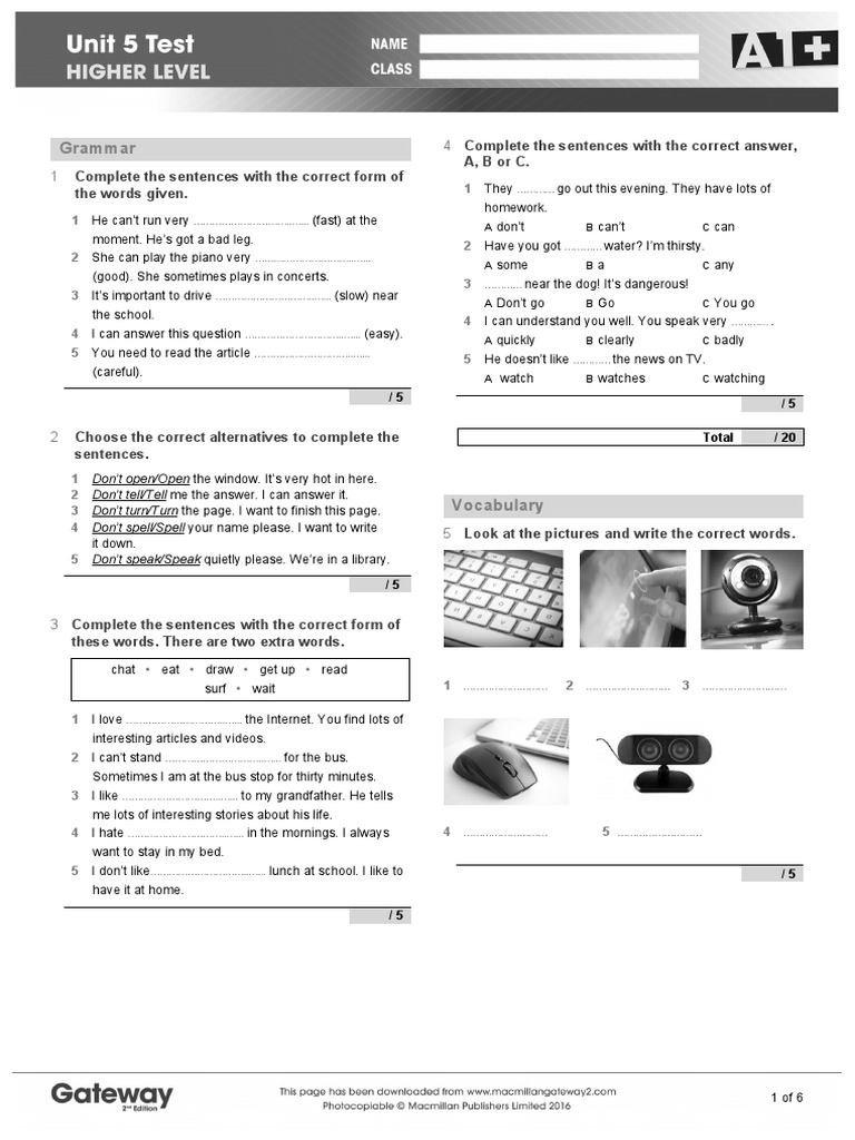 A1 UNIT 5 Test Higher | PDF | Internet | Communication