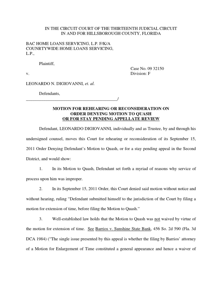 FL Motion For Reconsideration On Order Denying Motion To Quash PDF
