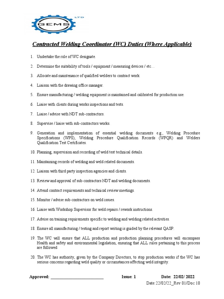 Welding Coordinator Duties PDF