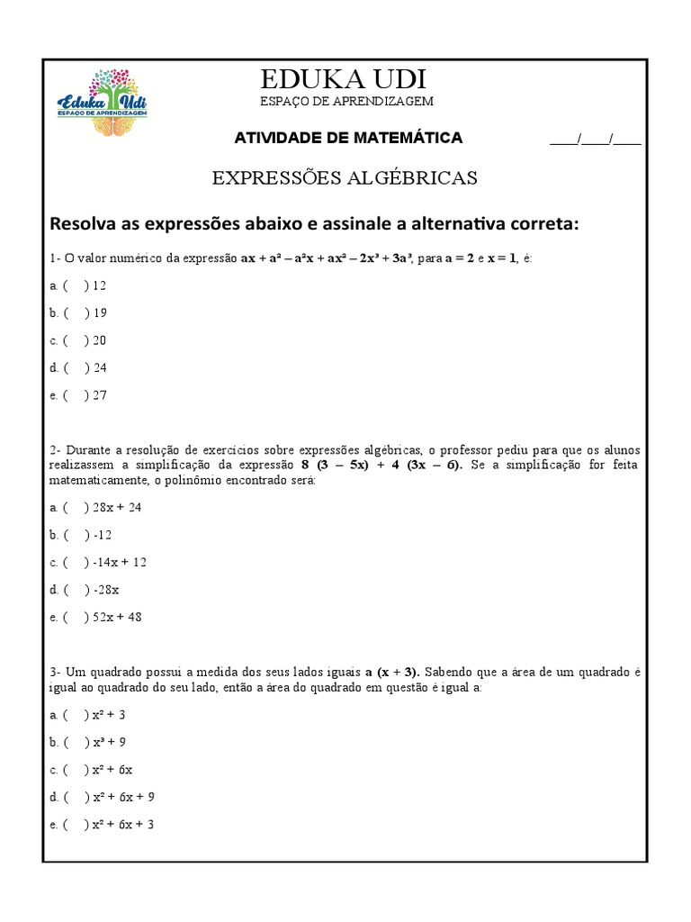 Expressões Algébricas 7º Ano Pdf