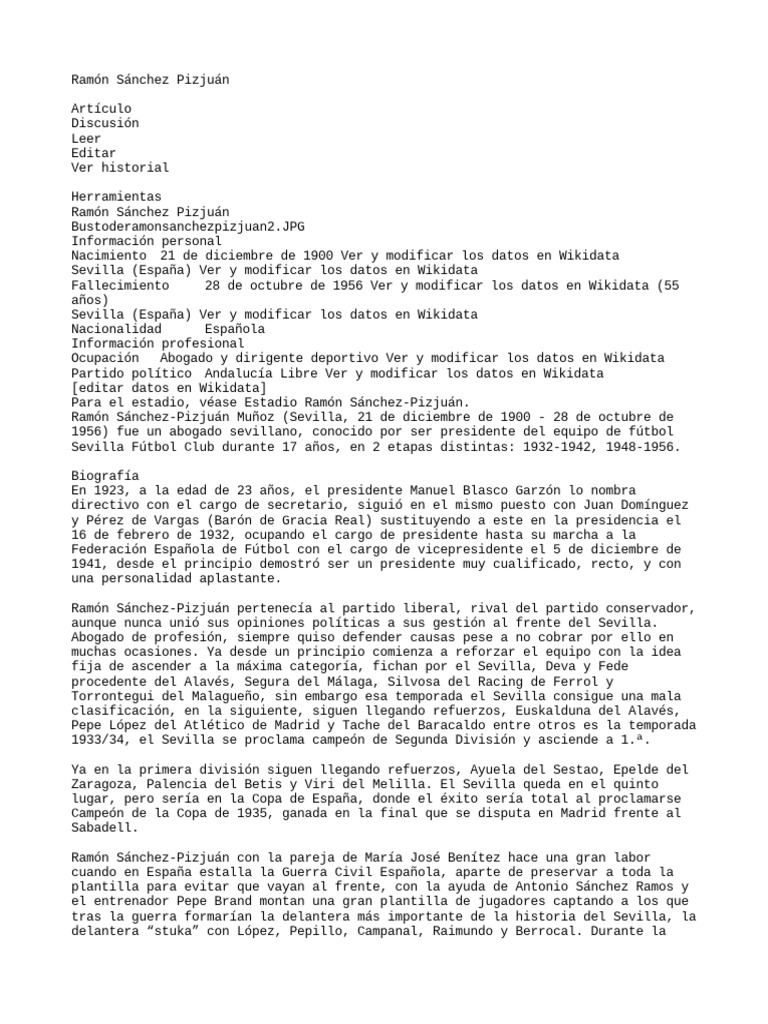 Ramón Sánchez Pizjuán: Legado y Éxitos | PDF | Asociación de Registros ...