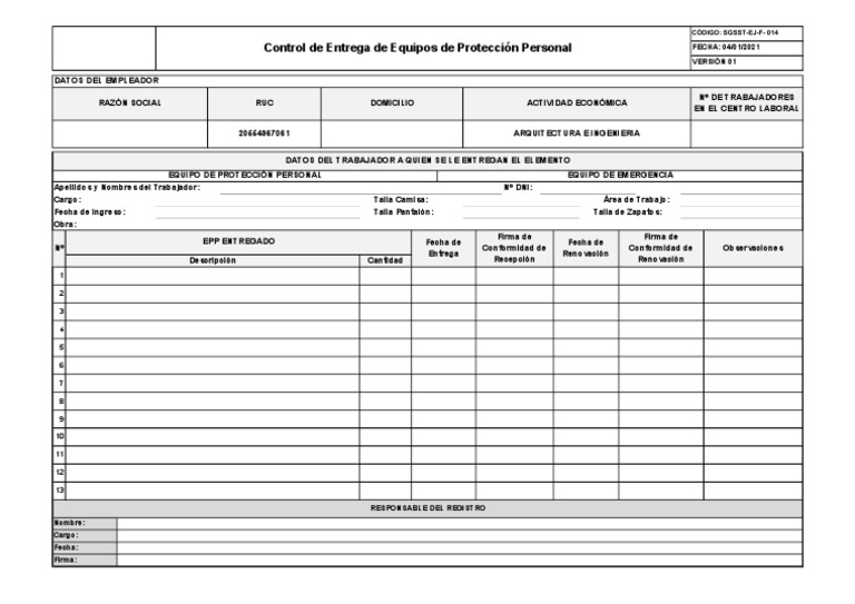 Control de Entrega de EPP Laboral | PDF