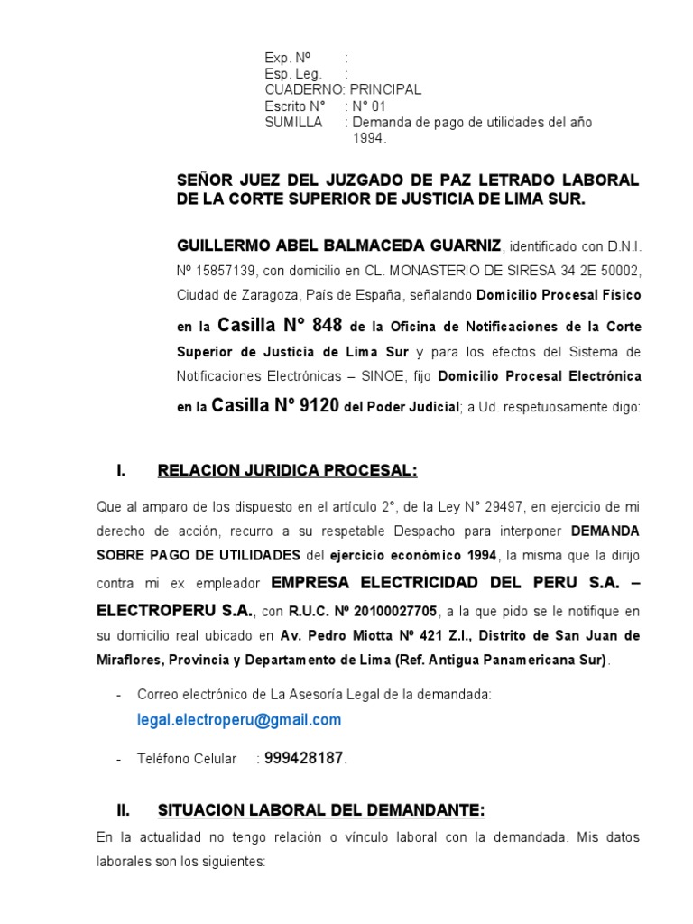 Demanda de Pago de Utilidades (Guillermo Abel Balmaceda Guarniz