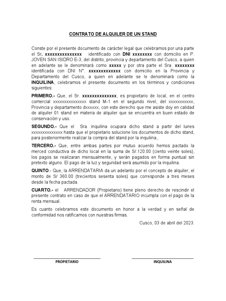 Contrato de alquiler de un stand subir pdf