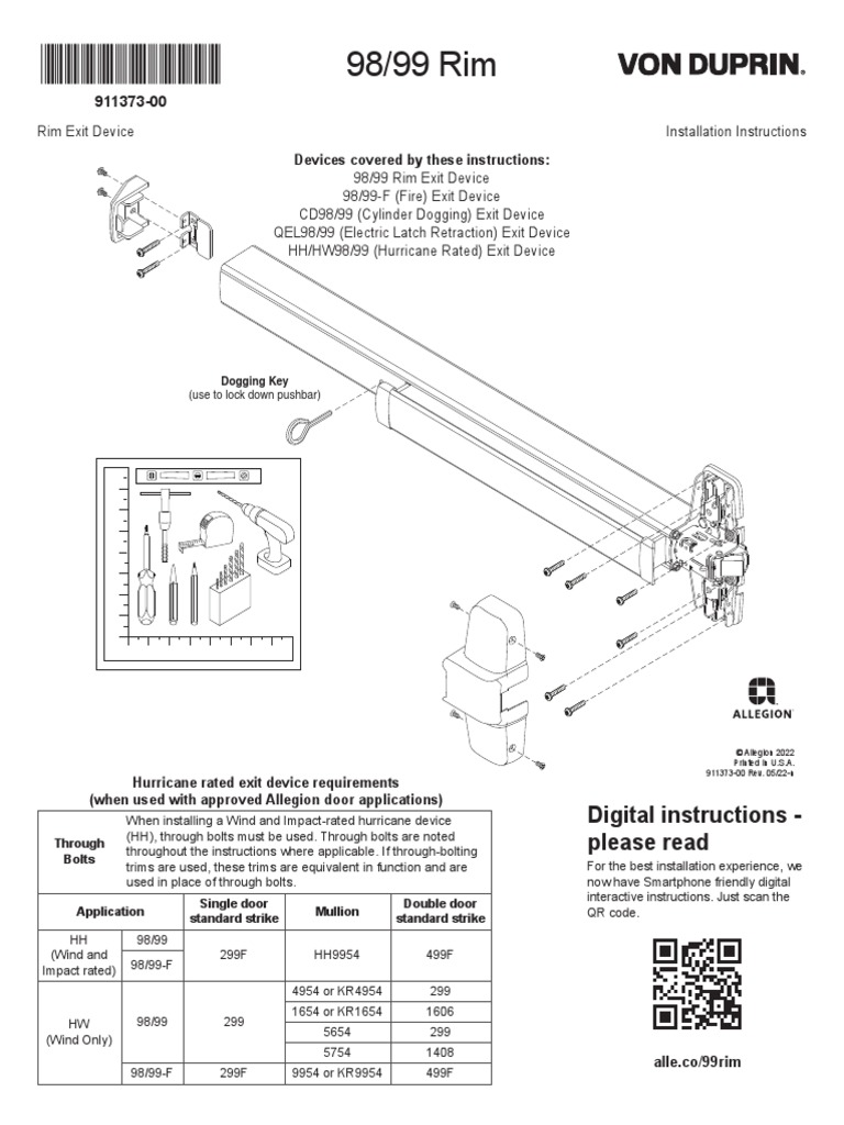 Von Duprin 98 99 Series Rim Exit Device Installation Instructions