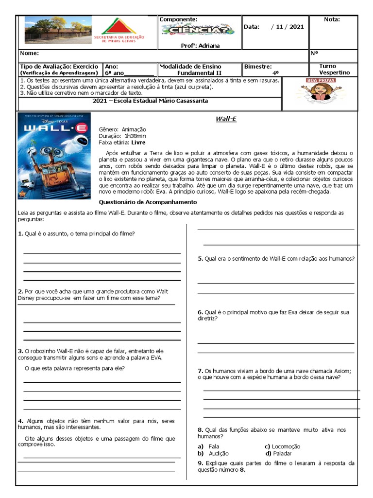 Atividades sobre o filme Wall-E para 6º ano | PDF | Humano