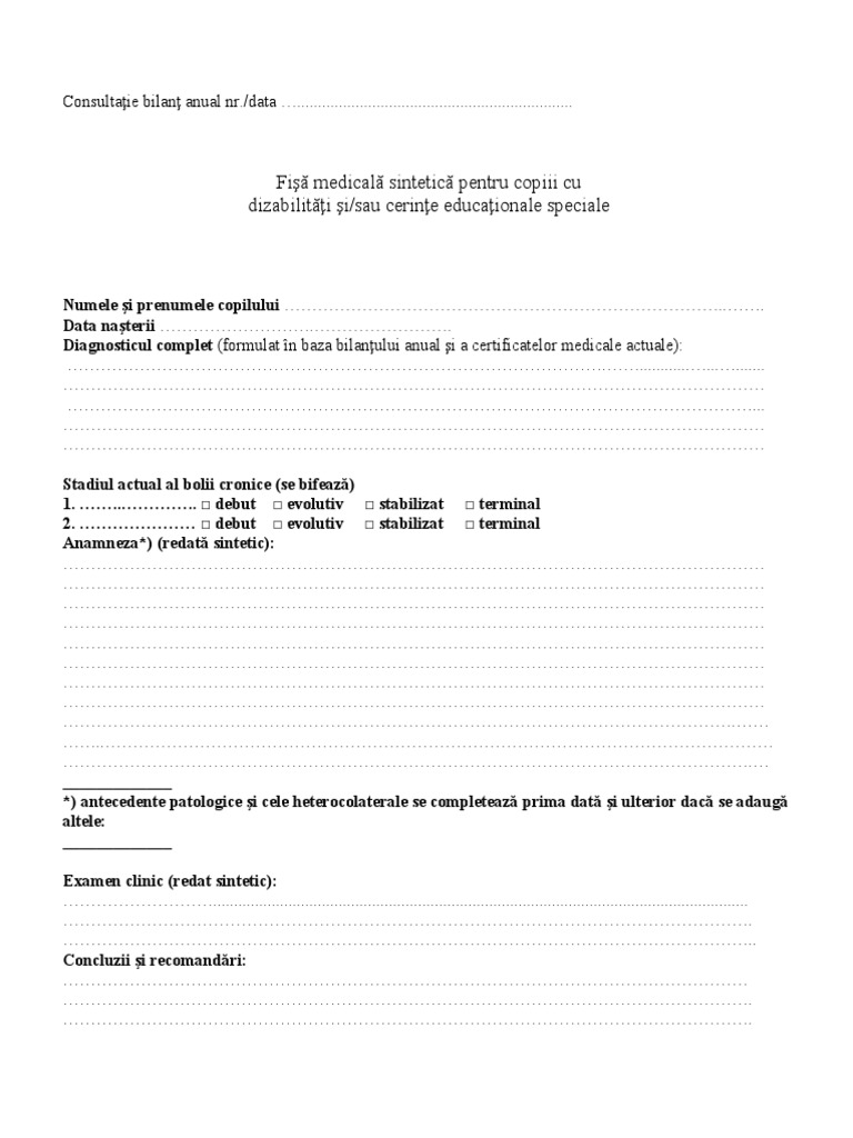 Fisa Medicala Sintetica Pentru Copiii Cu Dizabilitati | PDF