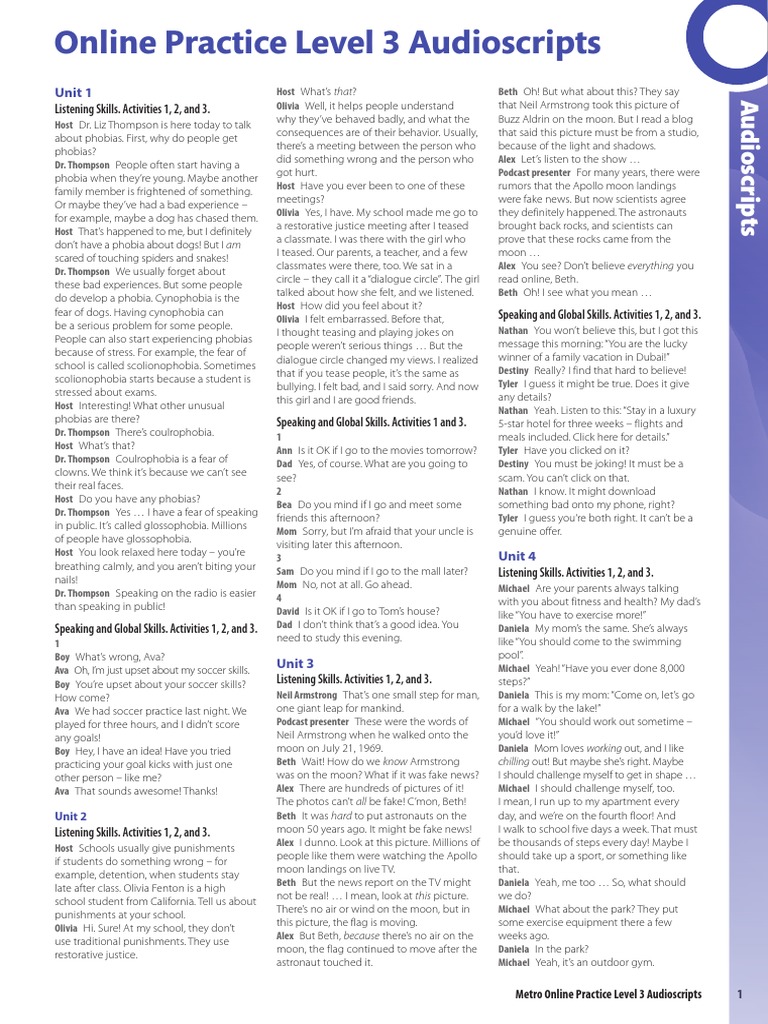 Metro 2e L3 Online Practice Audio and Video Scripts | PDF | Senses ...