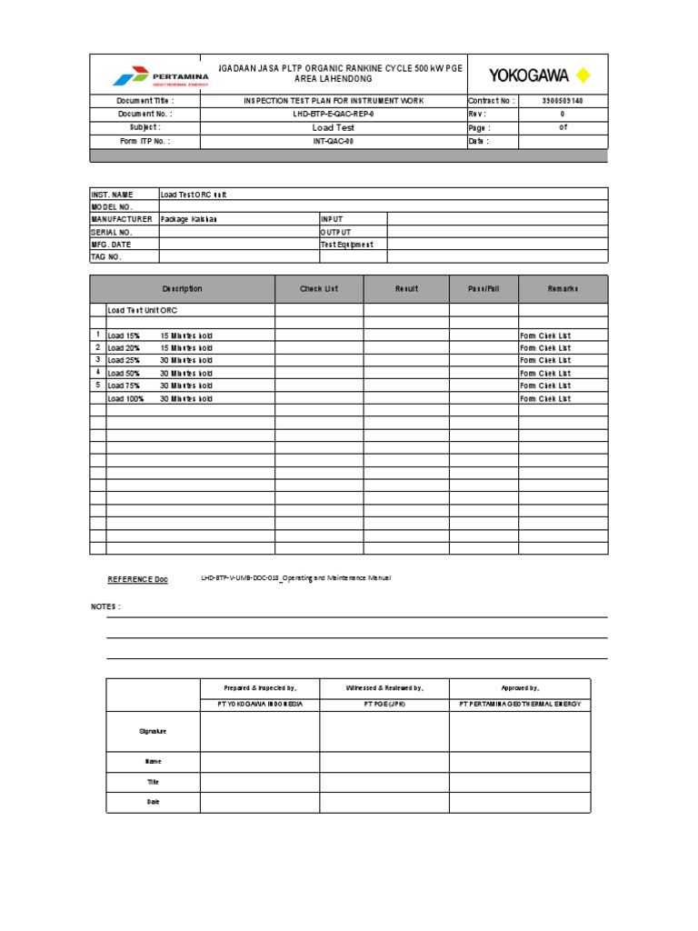 Load Test Plan for ORC Unit | PDF