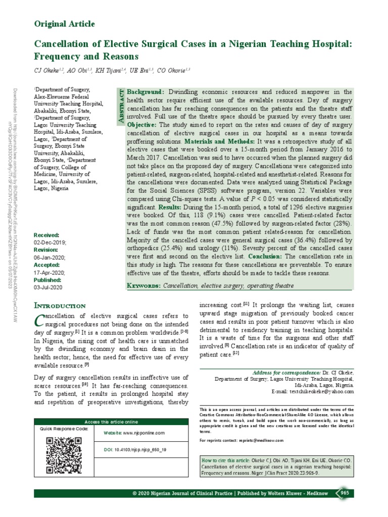 Cancellation Of Elective Surgical Cases In A 12 Pdf Surgery Hospital