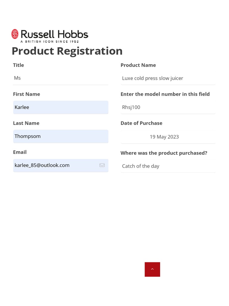 Product Registration Russell Hobbs Australia PDF
