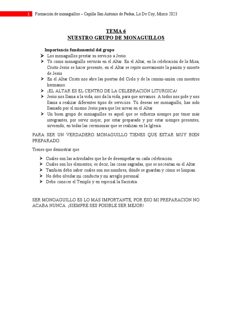Formación De Monaguillos Tema 6 Pdf