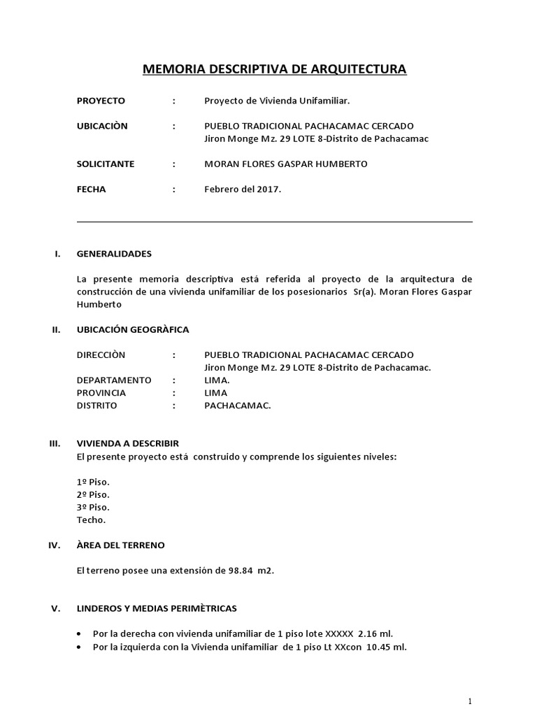 Memoria Descriptiva de Vivienda Unifamiliar | PDF | Diseño ...